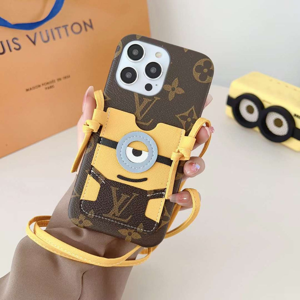 Brown Minions LV crossbody iPhone case showing the fitted camera area and protective edges