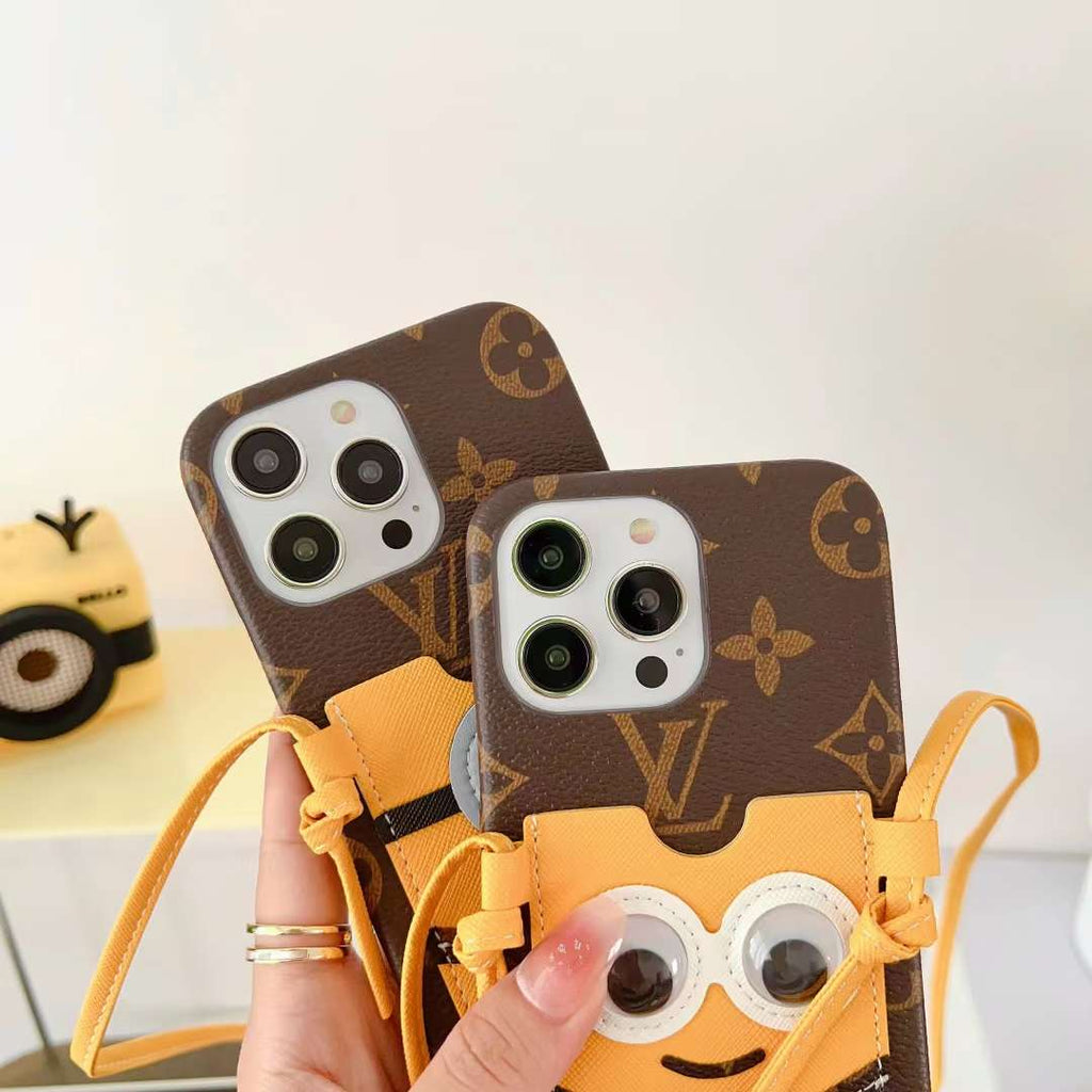 Brown Minions LV crossbody iPhone case showing the carrying strap and slim protective profile