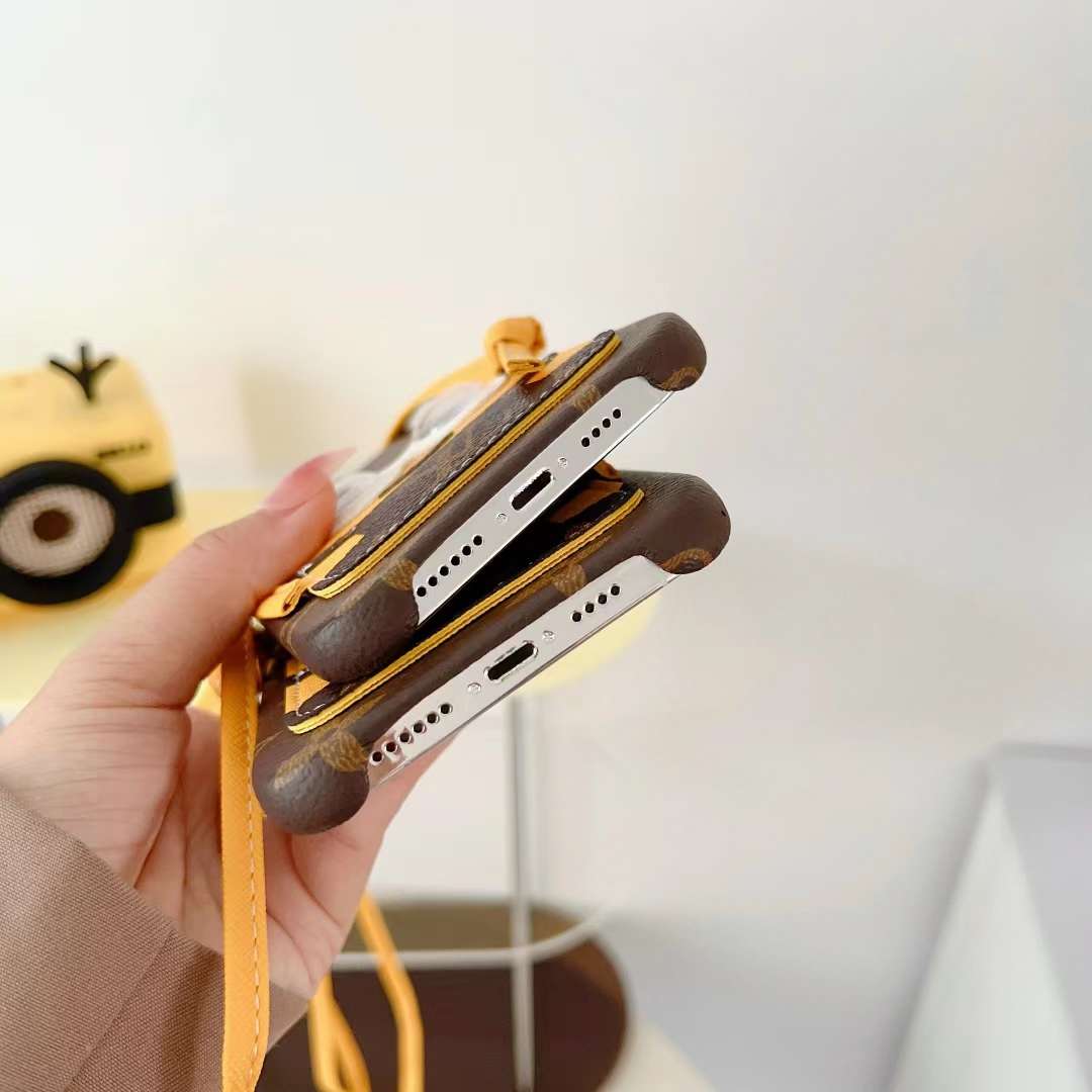 Brown Minions LV crossbody iPhone case close-up showing the playful pattern and protective fit