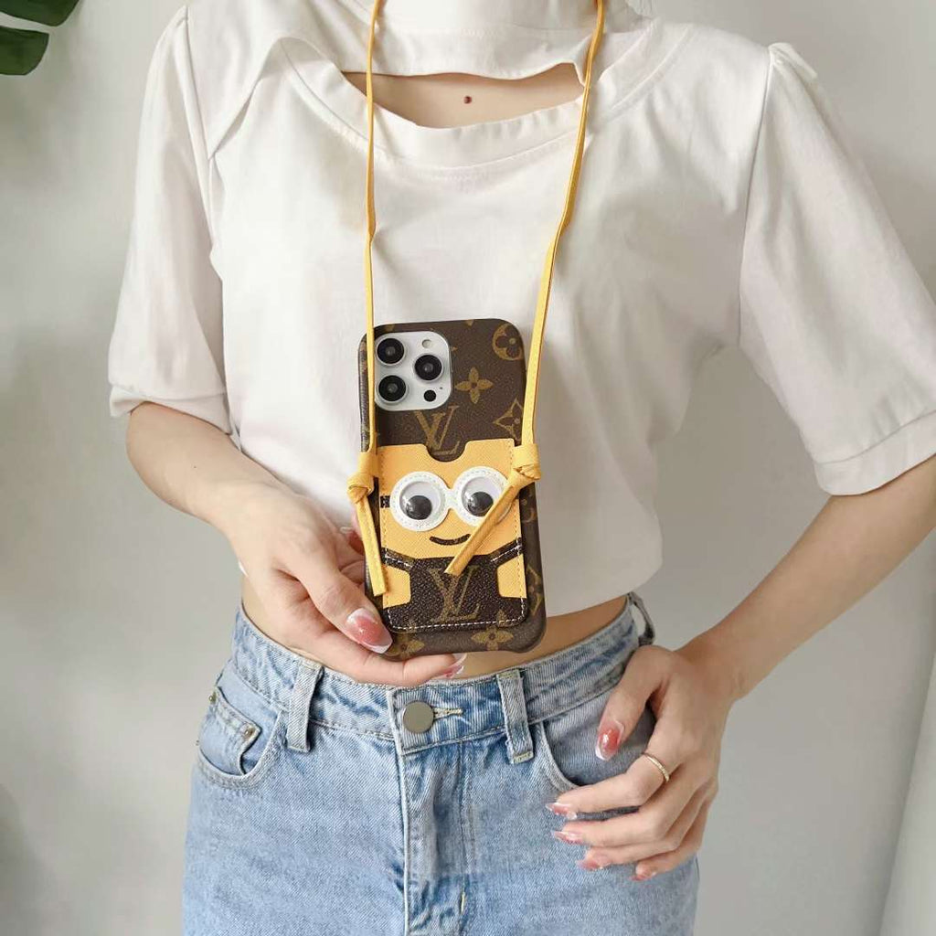 Brown Minions LV crossbody iPhone case showing the complete decorative back and carrying strap