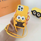 Yellow Minions LV crossbody iPhone case showing the playful rear pattern and leather finish
