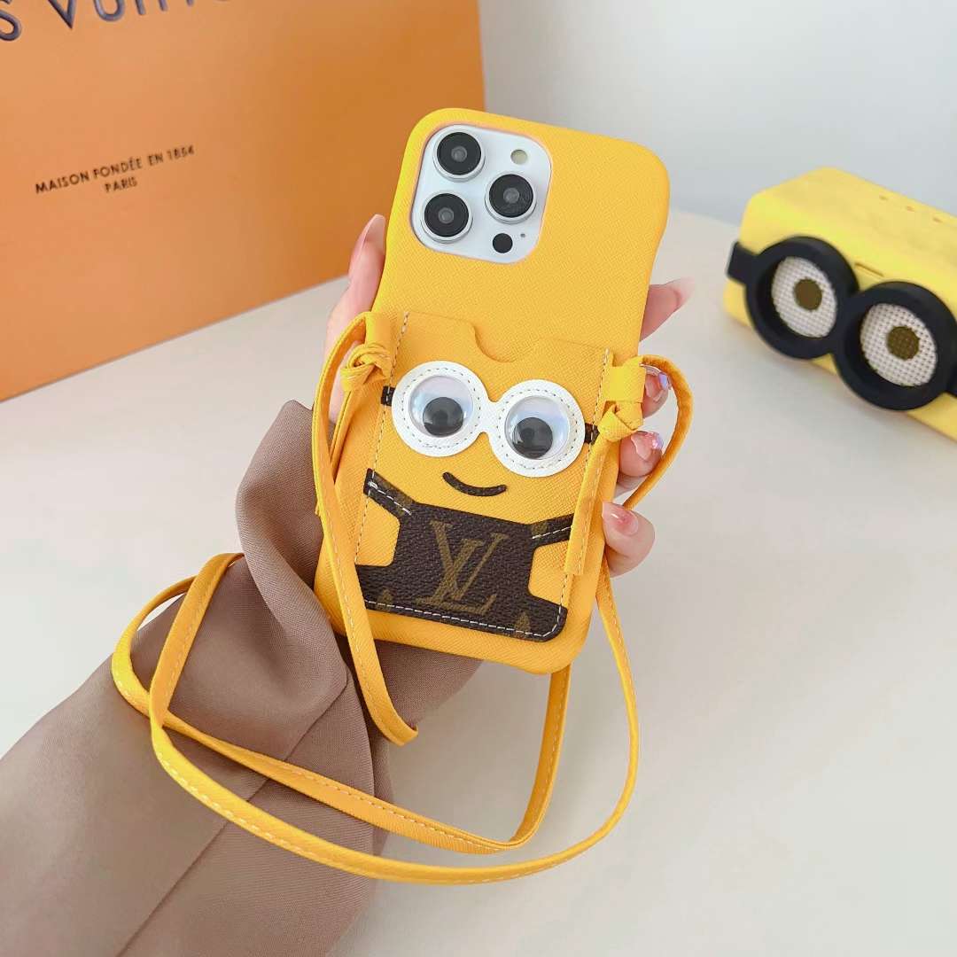 Yellow Minions LV crossbody iPhone case showing the playful rear pattern and leather finish