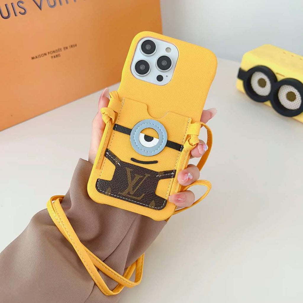 Yellow Minions LV crossbody iPhone case showing the carrying strap and slim protective fit