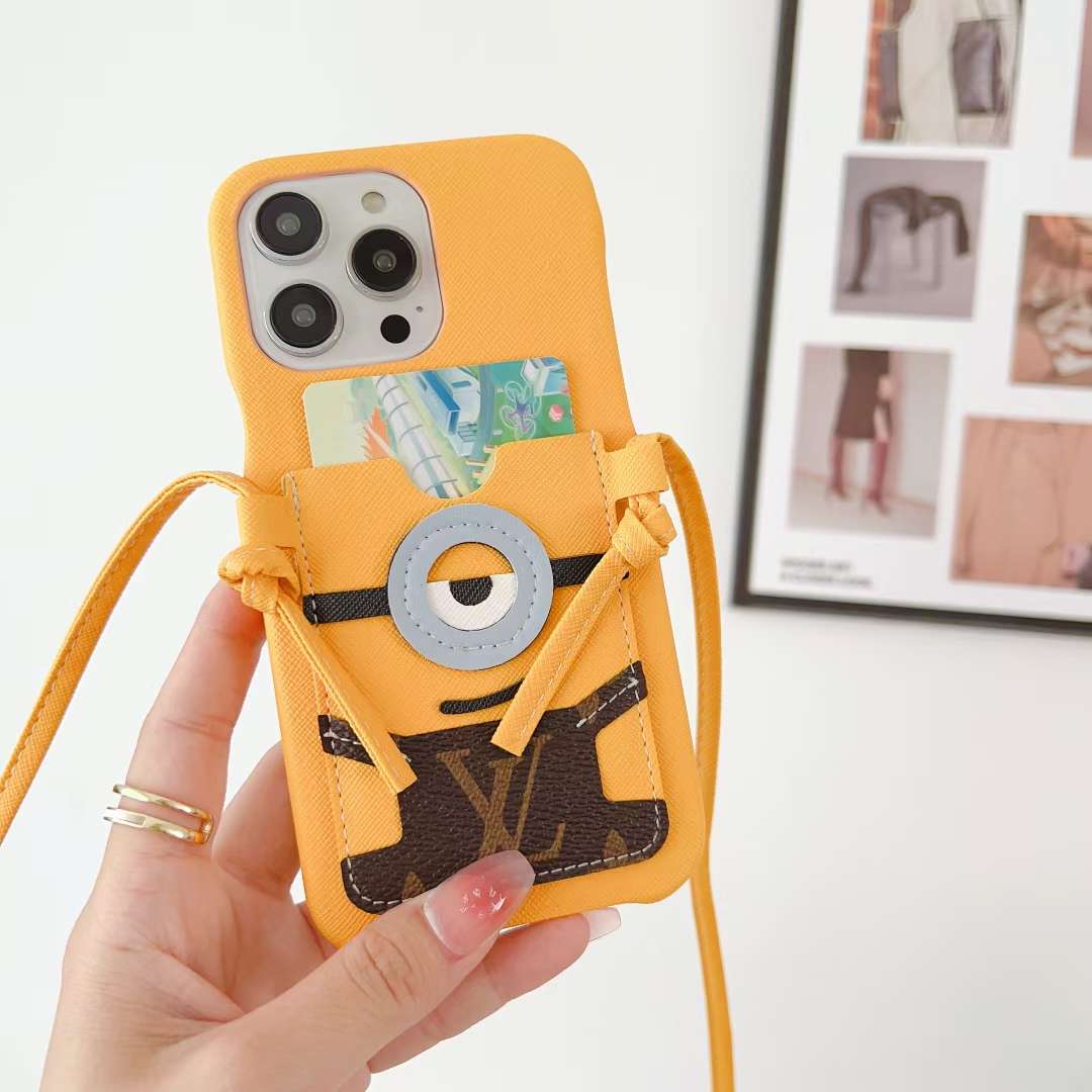 Yellow Minions LV crossbody iPhone case showing the fitted camera opening and protective edges