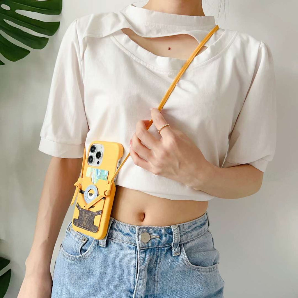 Yellow Minions LV crossbody iPhone case showing the complete decorative back and strap design
