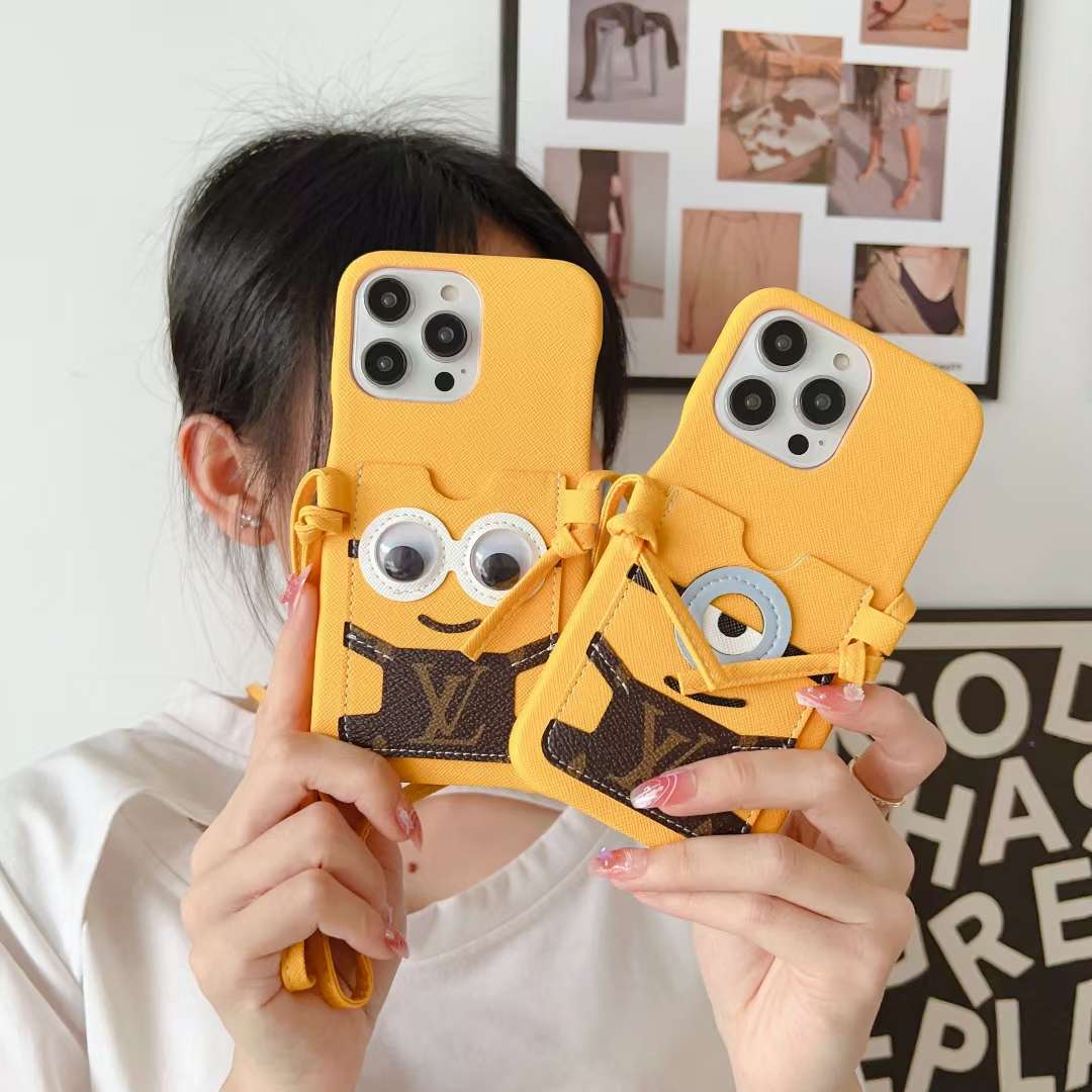 Yellow Minions LV crossbody iPhone case close-up showing the decorative design and strap detail