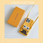 Yellow Minions LV crossbody iPhone case showing the playful patterned back and shoulder strap