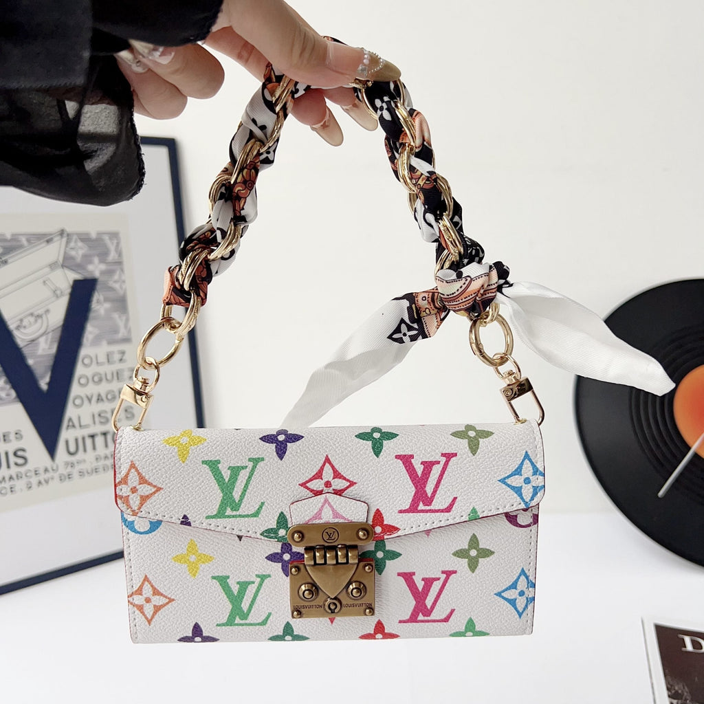 Close-up of the colorful crossbody phone case highlighting the wallet-style rear design