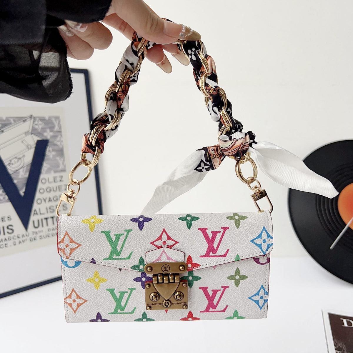 Close-up of the colorful crossbody phone case highlighting the wallet-style rear design