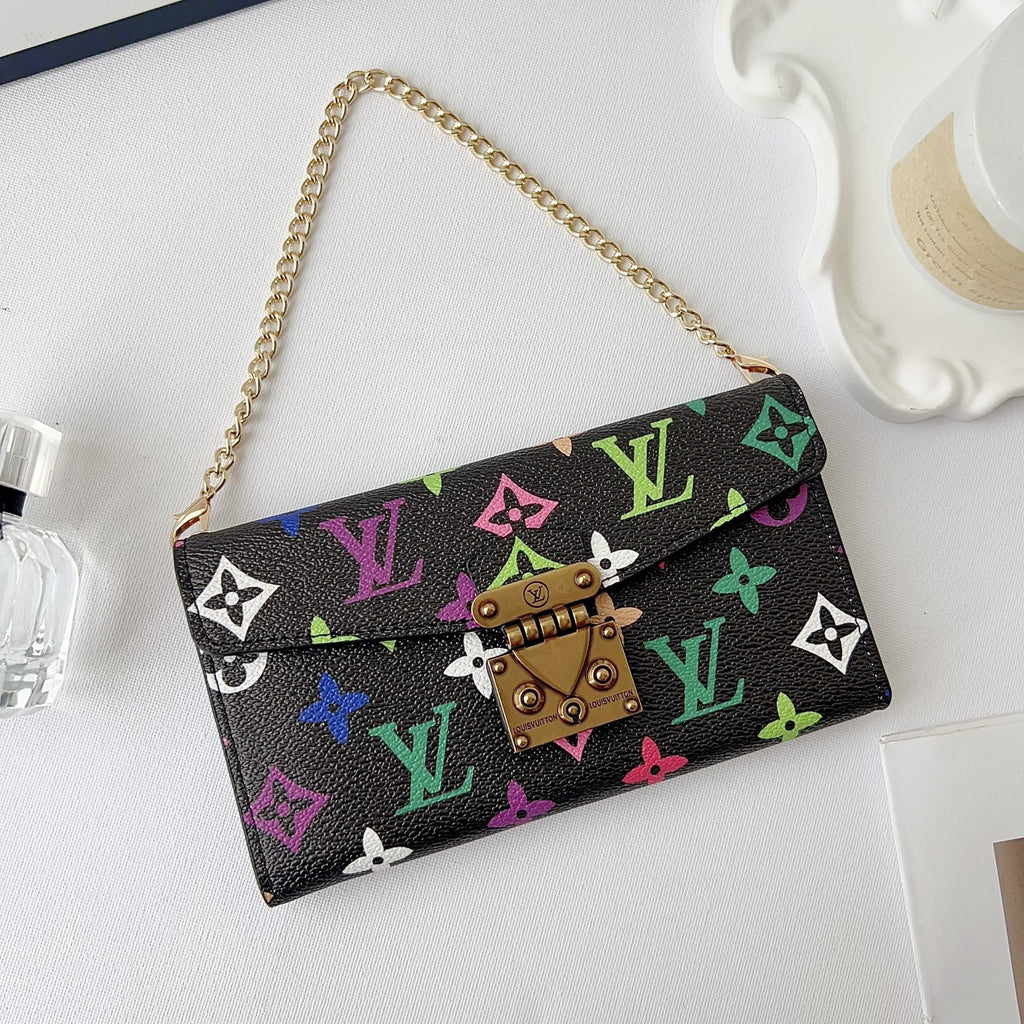 Multicolor LV style iPhone case showing the fitted edges and detachable carrying strap