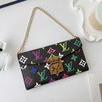 Multicolor LV style iPhone case showing the fitted edges and detachable carrying strap