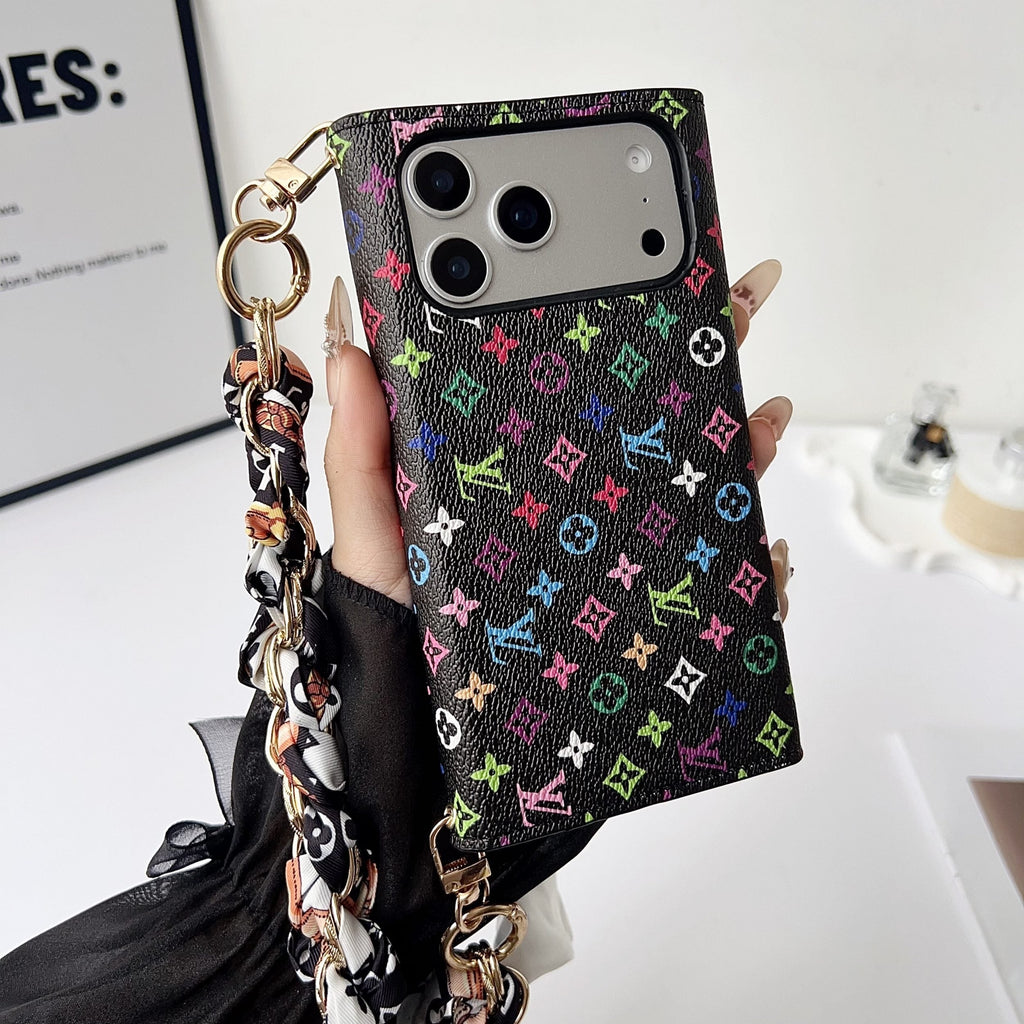 LV style crossbody phone case showing the wallet back, strap hardware and protective fit