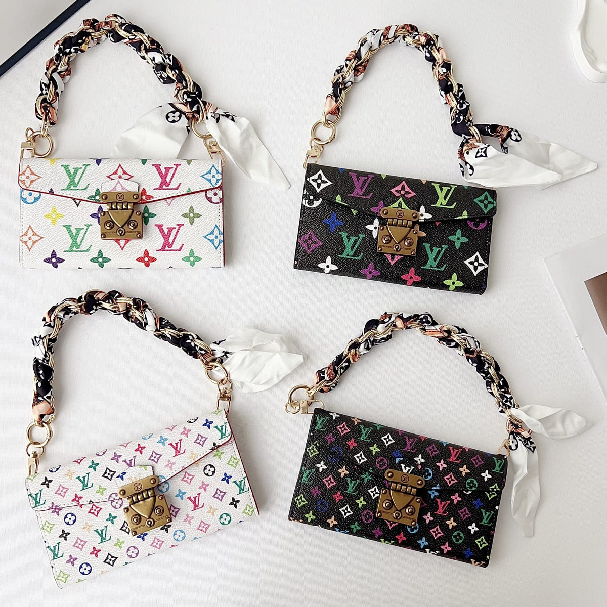 Close-up product view of the multicolor LV style iPhone case and patterned finish
