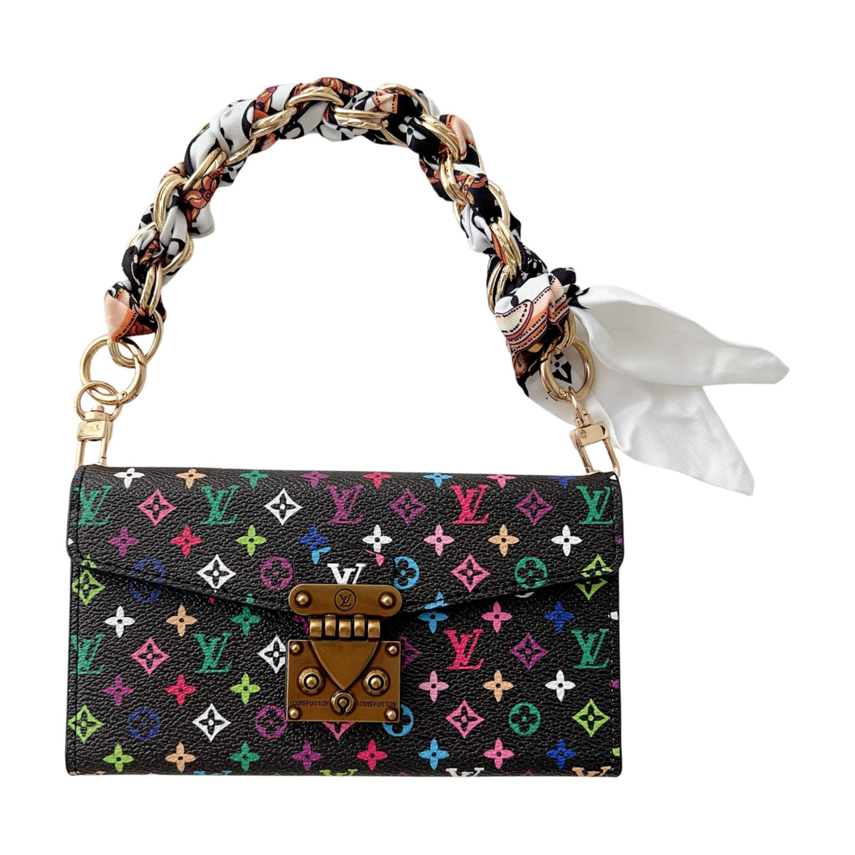 Crossbody iPhone wallet case showing a multicolor patterned finish and shoulder strap