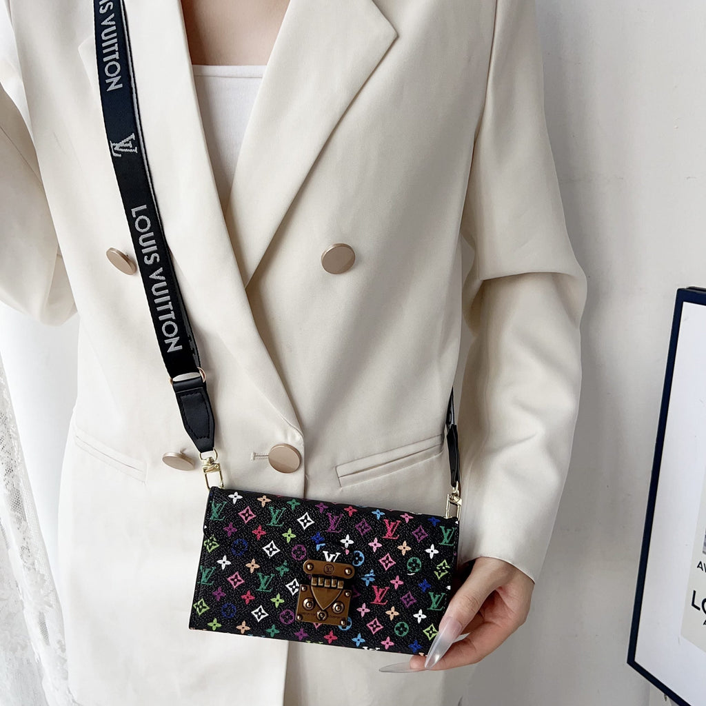Multicolor LV style crossbody iPhone wallet case showing the strap and patterned back