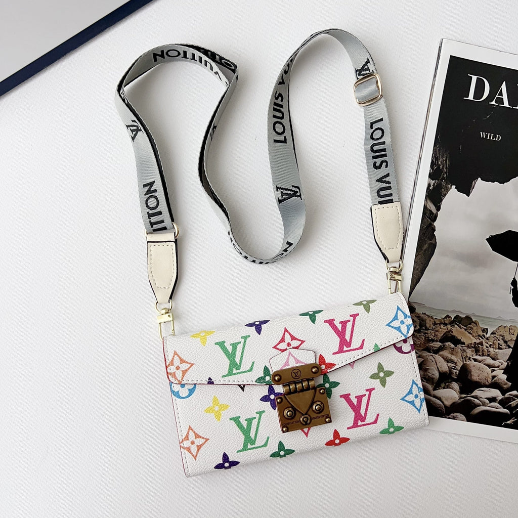 Multicolor crossbody phone case showing the wallet design and protective camera surround