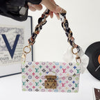 Multicolor LV style iPhone case showing the camera opening, patterned back and strap
