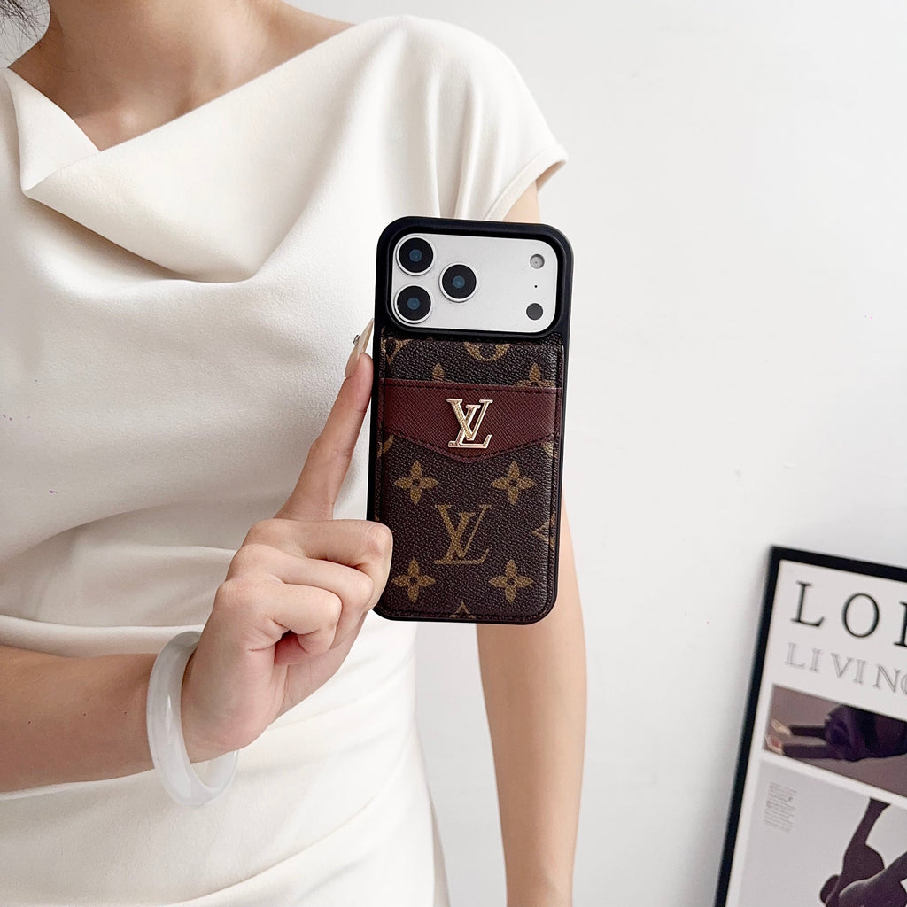 Louis V vertical folding card holder iPhone case showing the complete wallet-style protective design