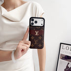 Louis V vertical folding card holder iPhone case showing the complete wallet-style protective design