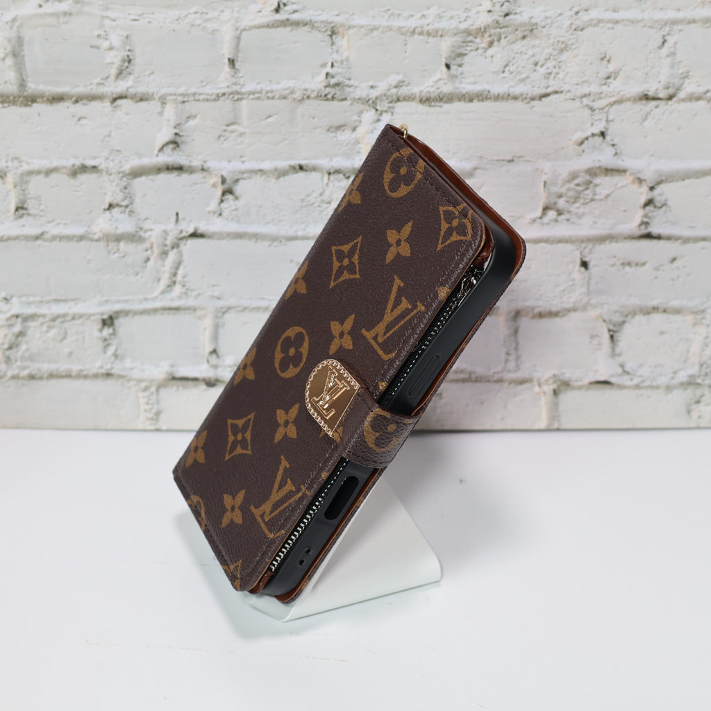 Zippered LV wallet iPhone case showing the protective rear cover and zipper detail