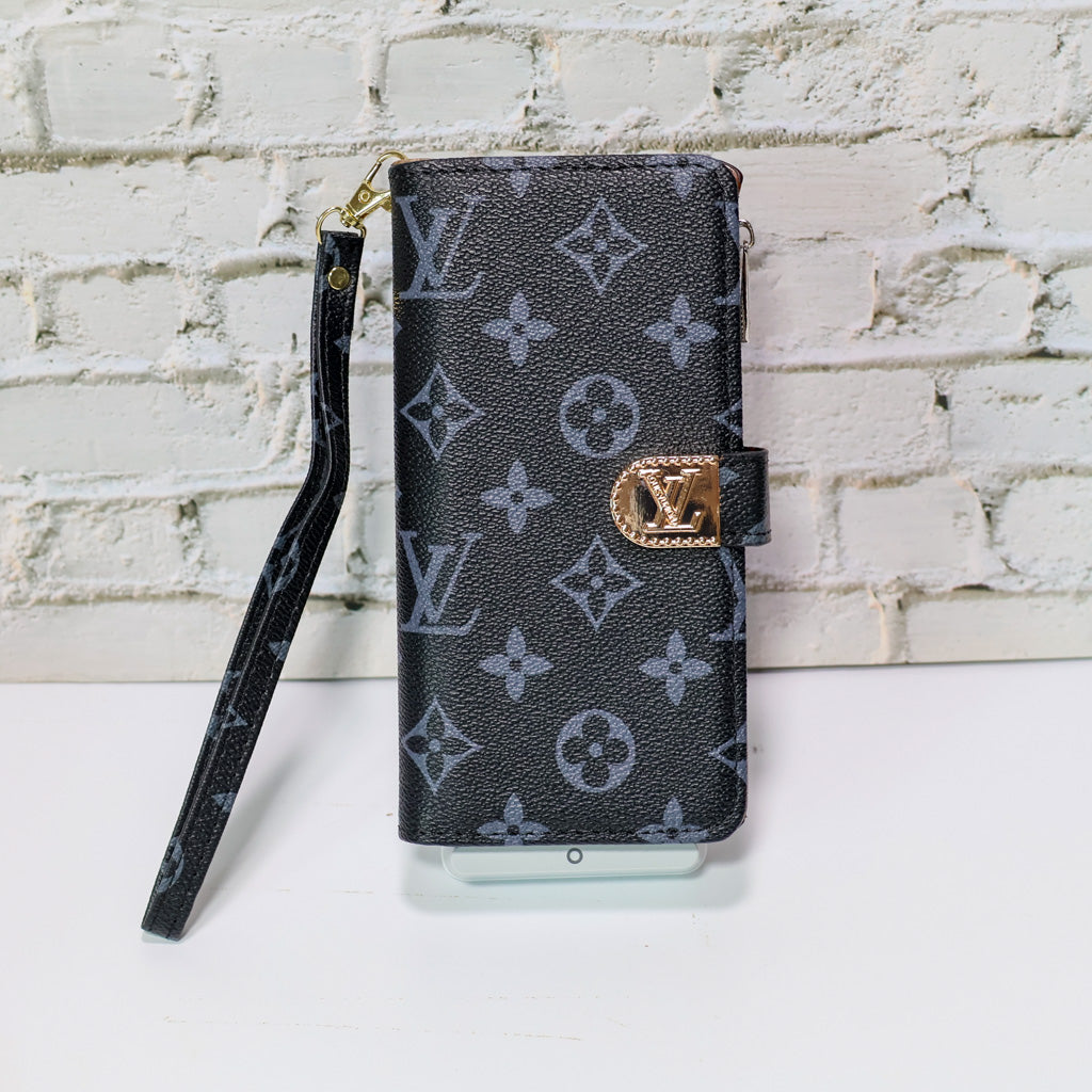 Zippered LV wallet iPhone case showing the complete protective folio and storage design