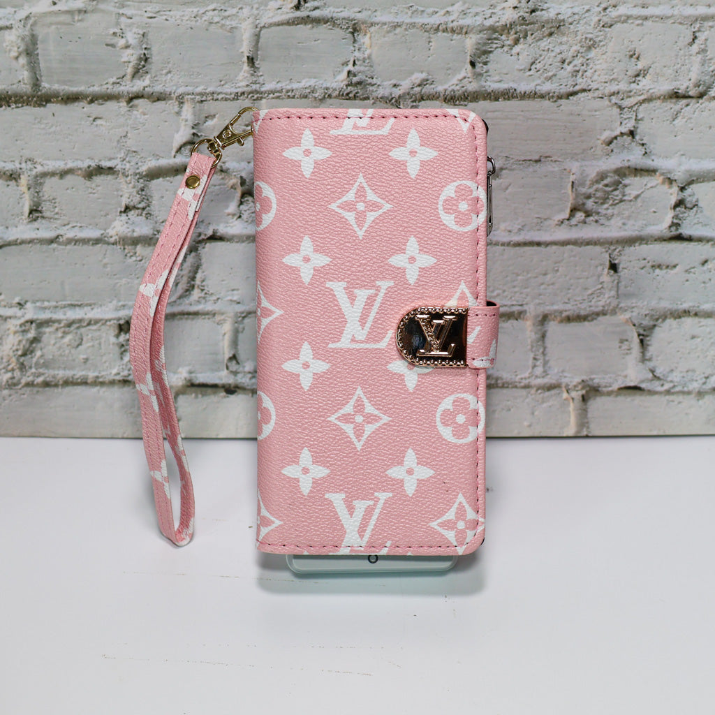 Zippered LV wallet iPhone case showing the camera opening, zip closure and protective edges