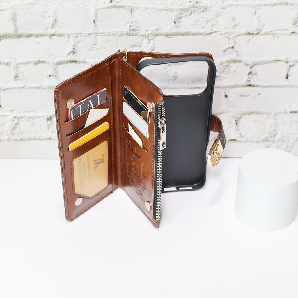 Zippered LV wallet iPhone case showing the protective folio cover and fitted phone shell