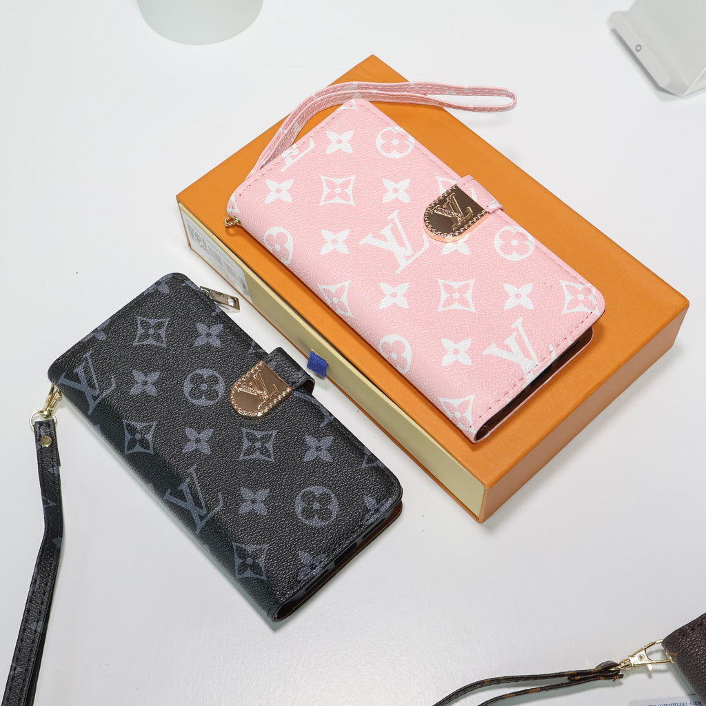 Zippered LV wallet iPhone case showing the zip closure and folding leather cover