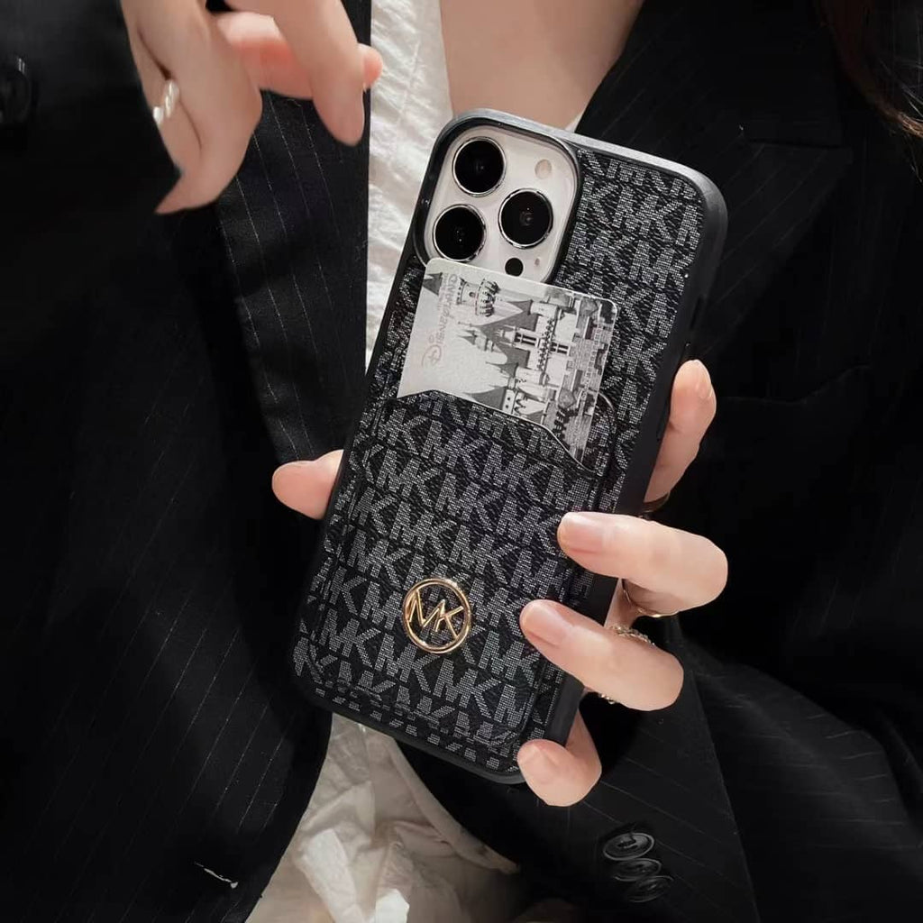 Close-up product view of the MK iPhone case with integrated rear card slot