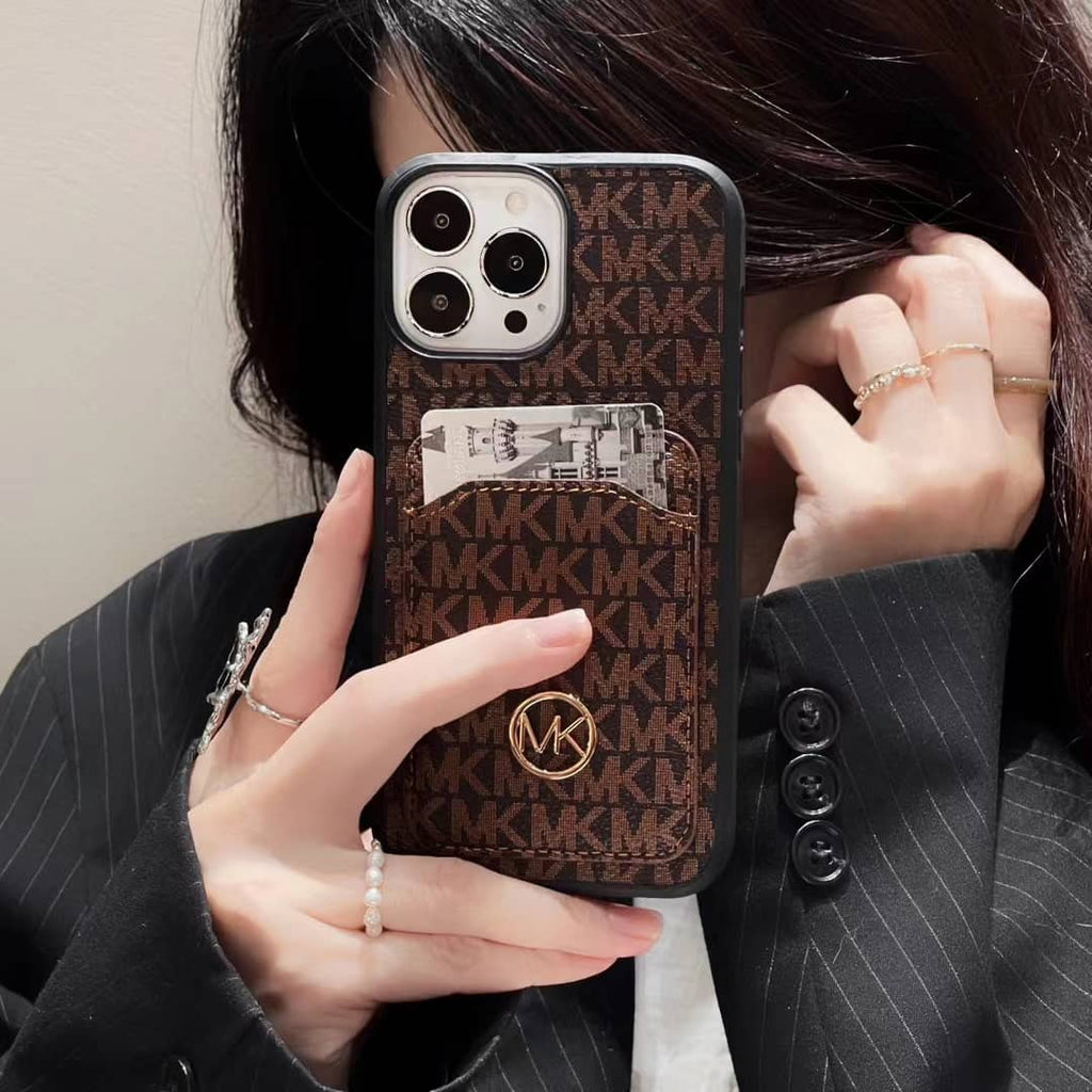 MK iPhone card holder case showing the protective back, camera cutout and card storage