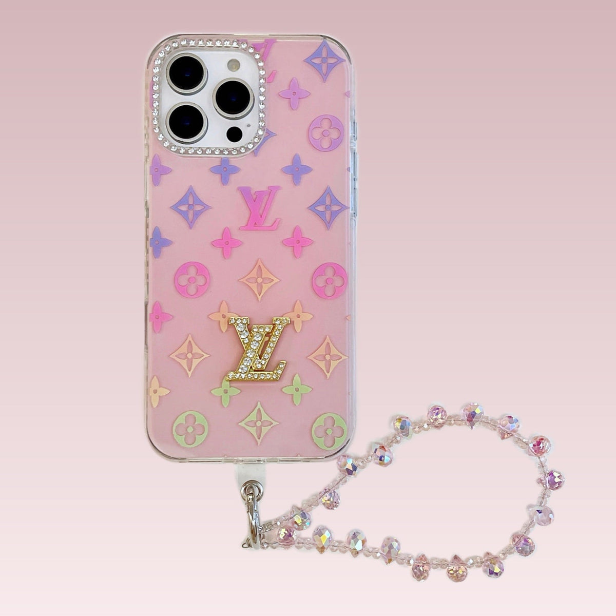 Pink pastel multicolor monogram iPhone case with a beaded wrist strap