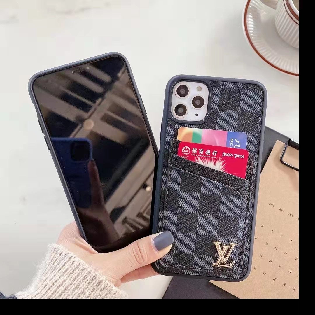 Dual card holder iPhone case showing the leather back panel and edge protection