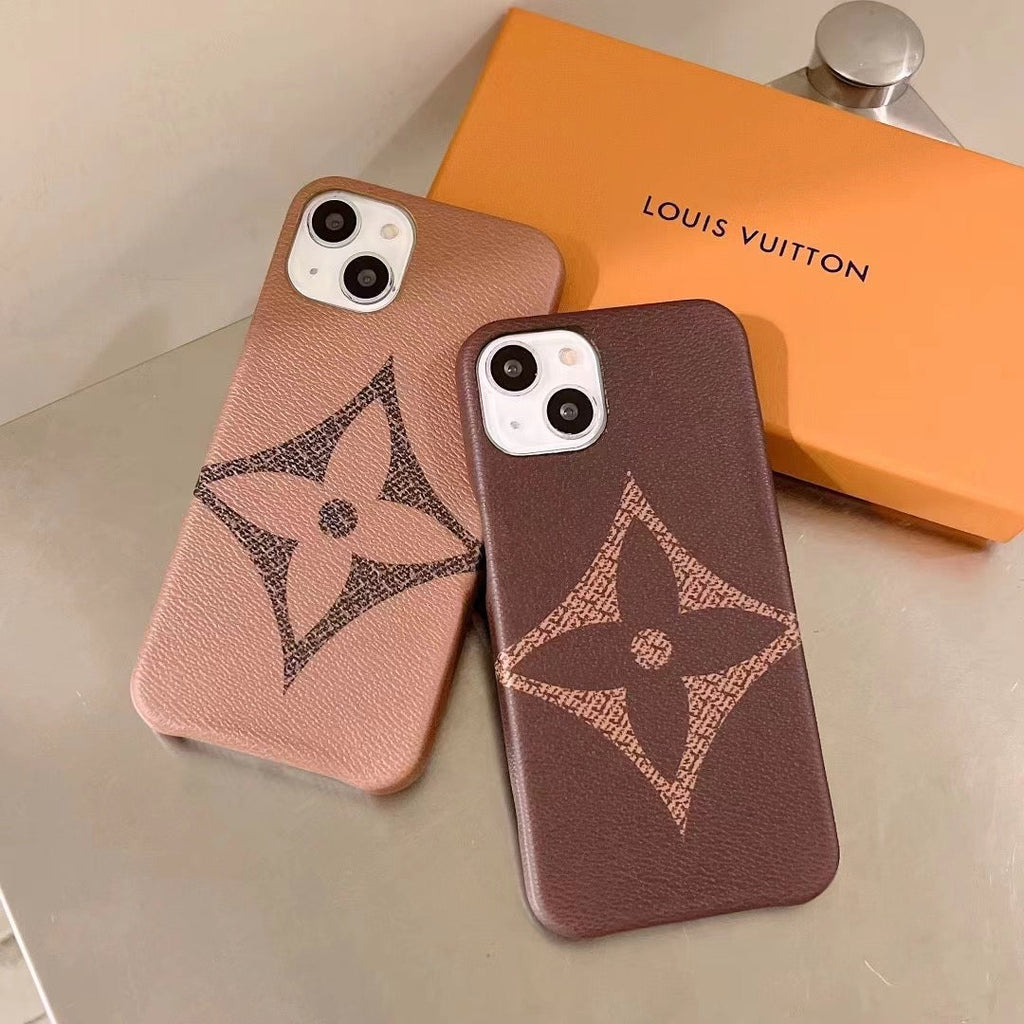 Brown single monogram iPhone case showing the patterned back cover and camera opening