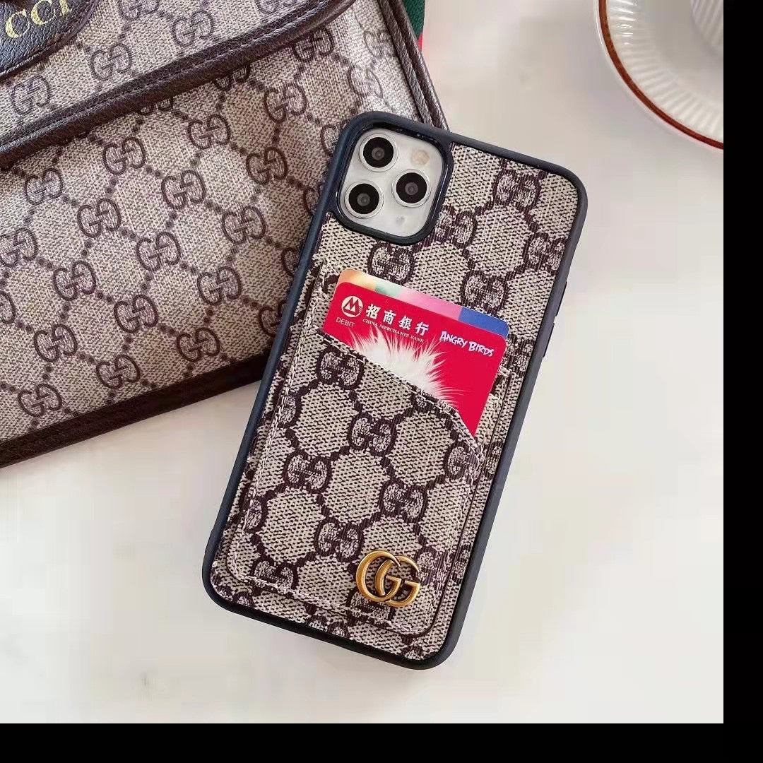 Leather iPhone back cover case showing the dual card slots and protective camera area
