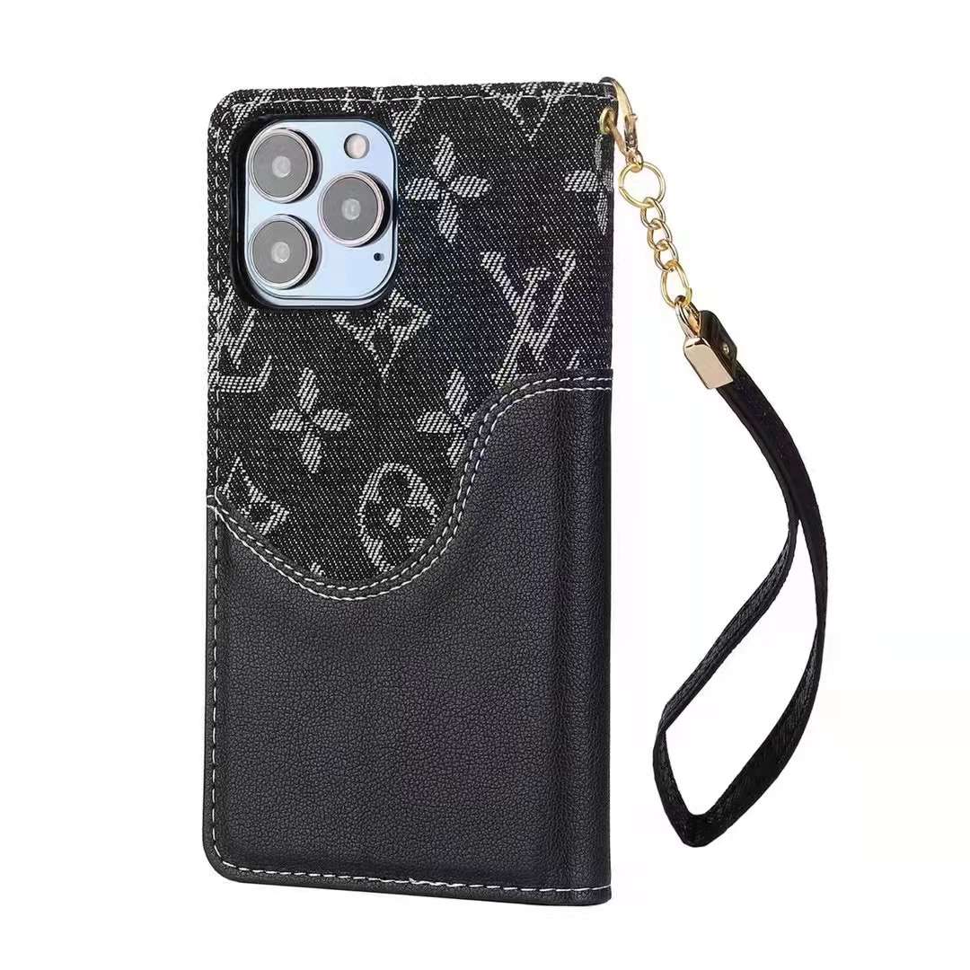 Black Denim Canvas Wallet Flip Case Kickstand Function iPhone 11 12 13 14 15 16 Pro Max Plus
