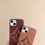 Brown monogram phone case for iPhone showing the fitted rear cover and protective edges