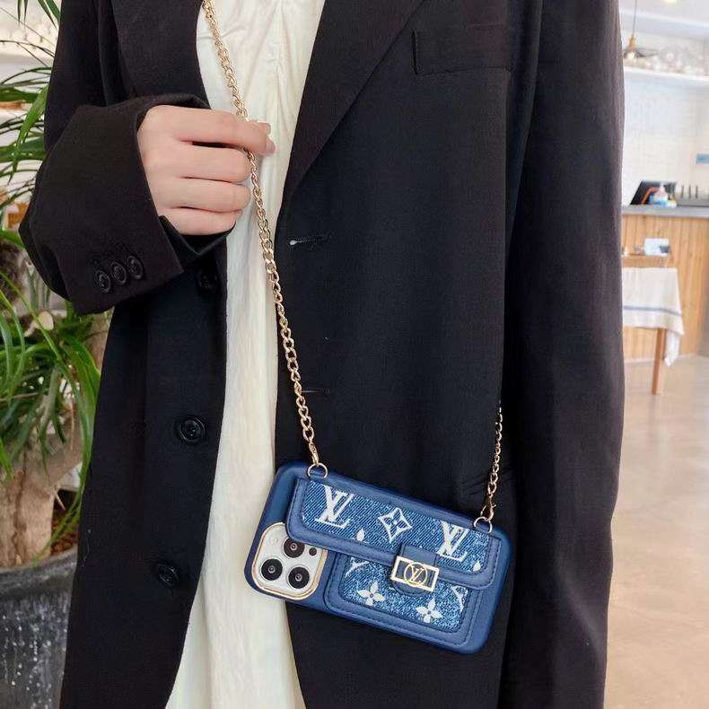 Blue soft texture crossbody iPhone case showing the fitted camera opening and protective edges