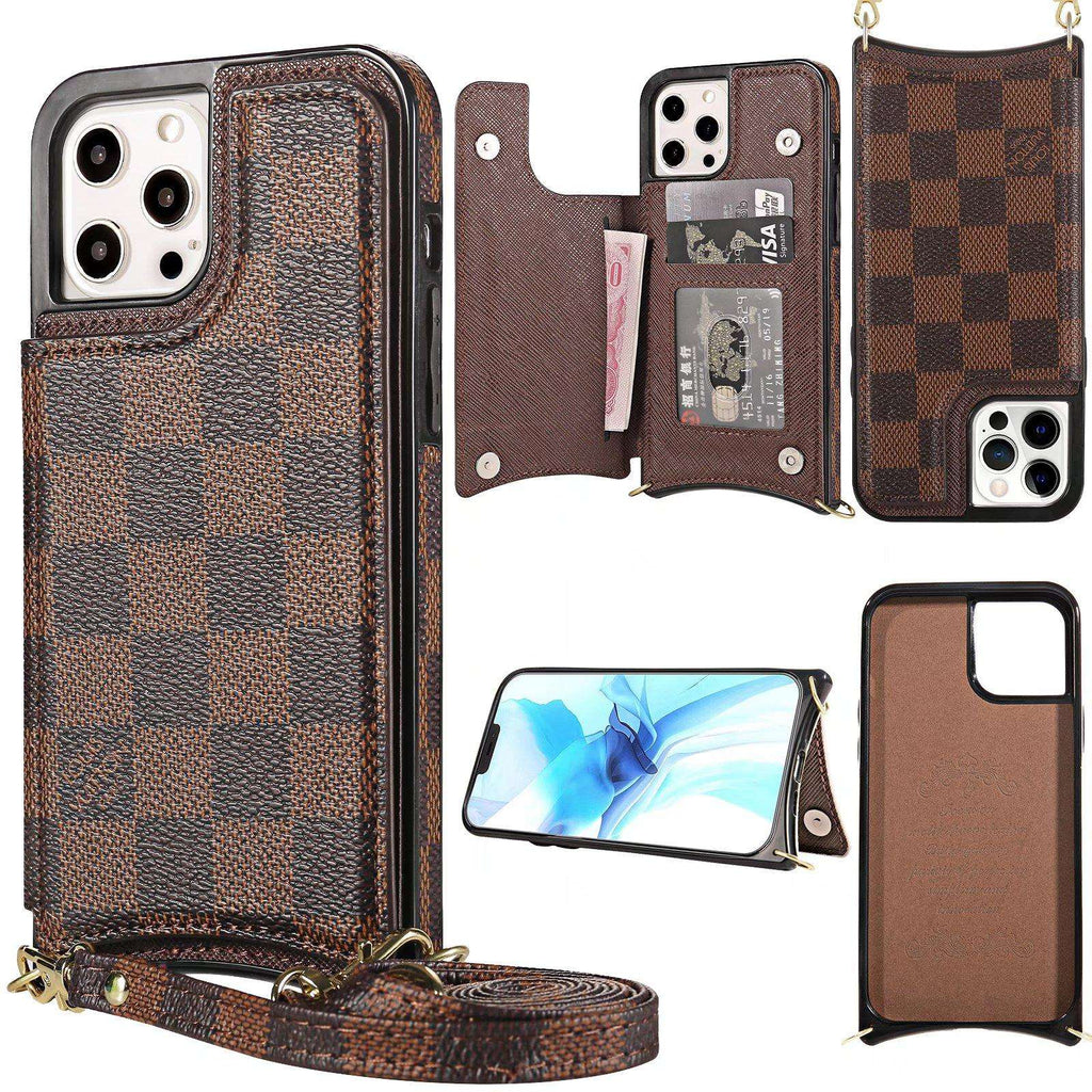 Checkered leather crossbody iPhone case close-up showing protective edge detail and material texture