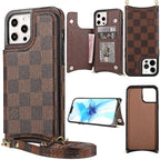 Checkered leather crossbody iPhone case close-up showing protective edge detail and material texture