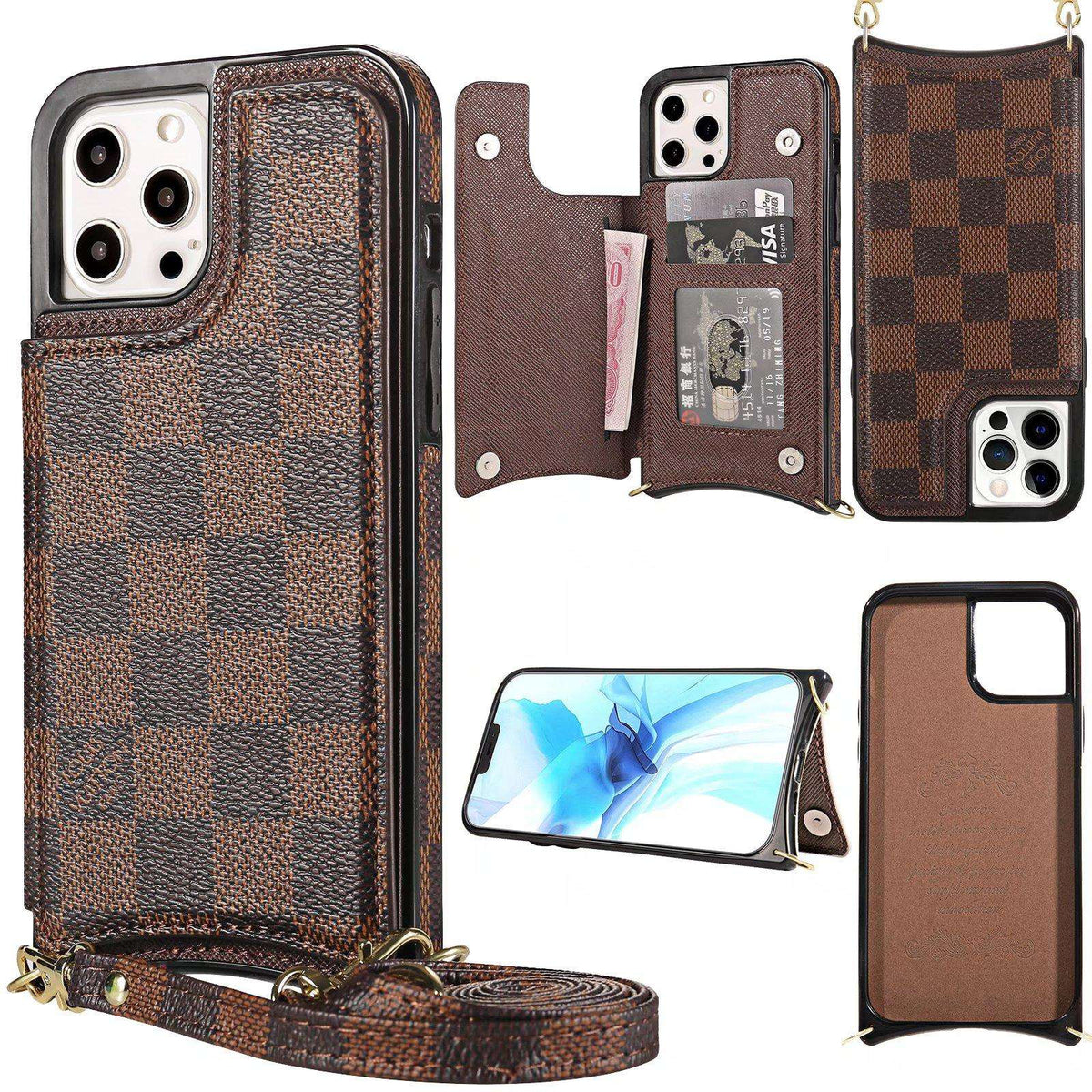 Checkered leather crossbody iPhone case close-up showing protective edge detail and material texture