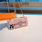 Pink soft canvas crossbody iPhone case showing the textured back and finished corners