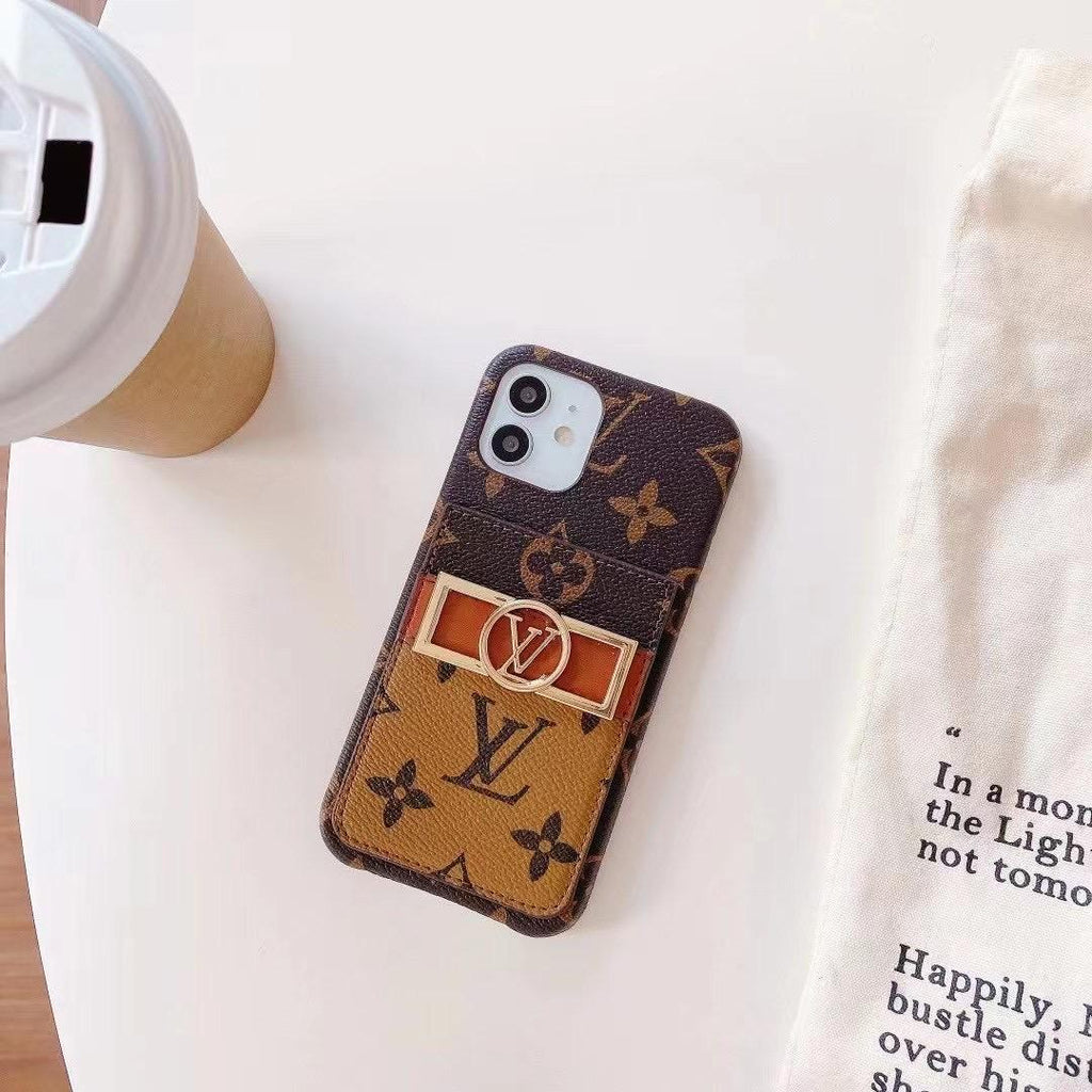 Close-up of the monogram leather iPhone case highlighting pattern and material texture