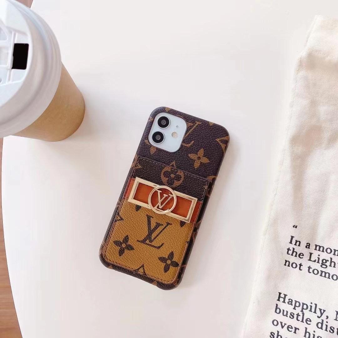 Close-up of the monogram leather iPhone case highlighting pattern and material texture