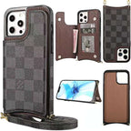 Black checkered leather iPhone wallet case close-up showing the wallet design and camera area