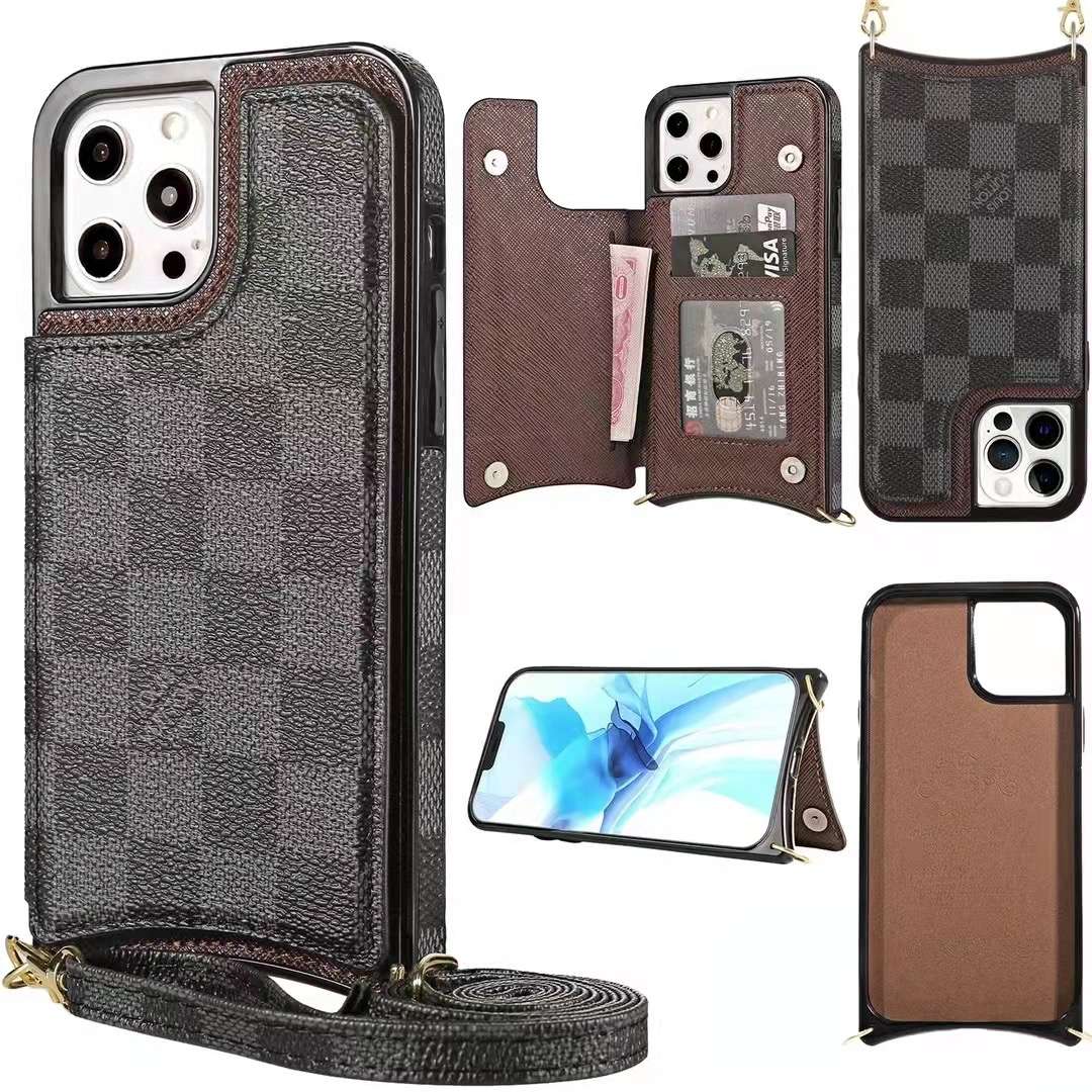 Black checkered leather iPhone wallet case close-up showing the wallet design and camera area