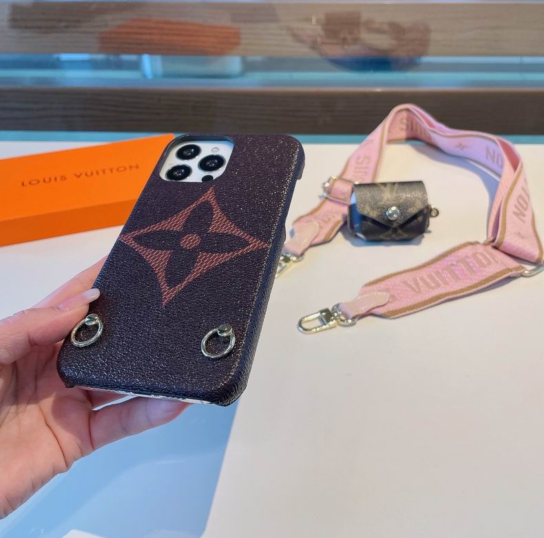 LV design crossbody iPhone case showing the patterned rear cover and finished corners