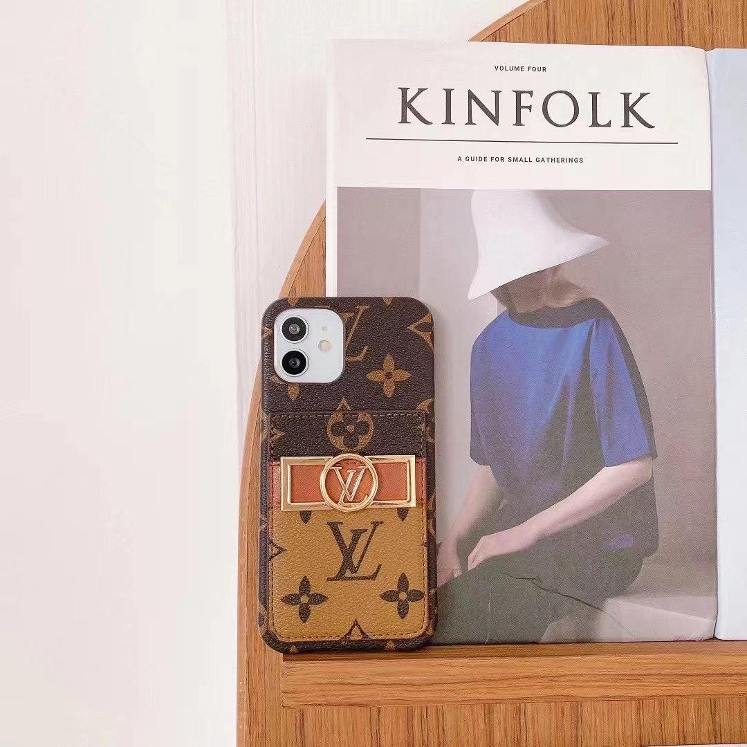 Leather monogram phone case for iPhone showing the slim profile and patterned finish
