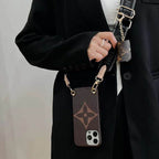 LV design crossbody iPhone case showing the complete patterned cover and shoulder strap