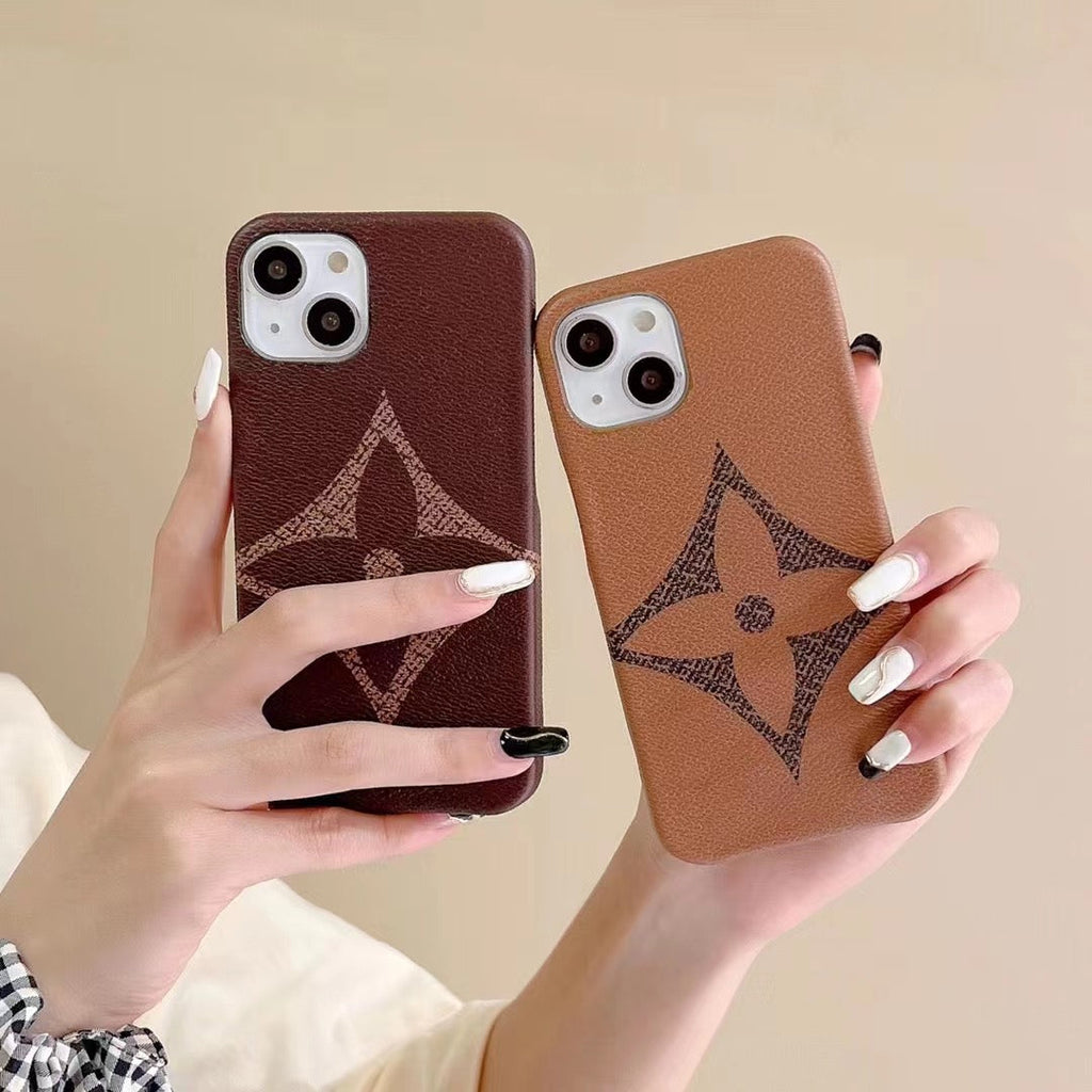 Brown patterned iPhone case shown in a close-up view of the full protective back cover
