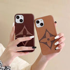 Brown patterned iPhone case shown in a close-up view of the full protective back cover